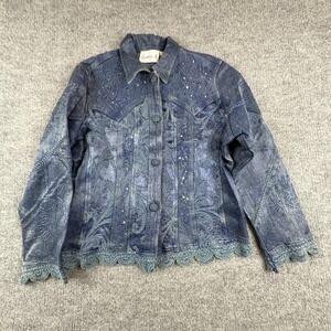 Flashback Jacket Womens Large Blue Paisley Embroidered Lace Button Denim Boho